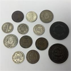 Coins, tokens, paranumismatic and miscellaneous items, including United States of America 1850 one cent, 1877 one dime, 1884 five cents, 1926 Liberty dime etc, Queen Victoria New Brunswick 1843 one penny token, East India Company 1845 half anna, Chinese cash coins, Grand Lodge of Maryland November 16th 1886 Centennial Session medallion etc