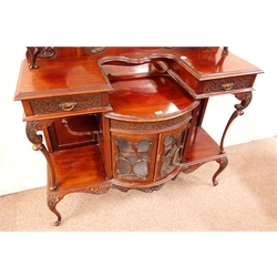  Victorian mahogany shaped mirror back sideboard, carved and pierced pediment, two drawers, single two cupboard doors, shaped apron, cabriole legs, W138cm, H234cm, D51cm  