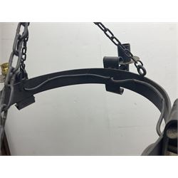 Pair of gothic style wrought iron ceiling lights, each with four branches, D58cm