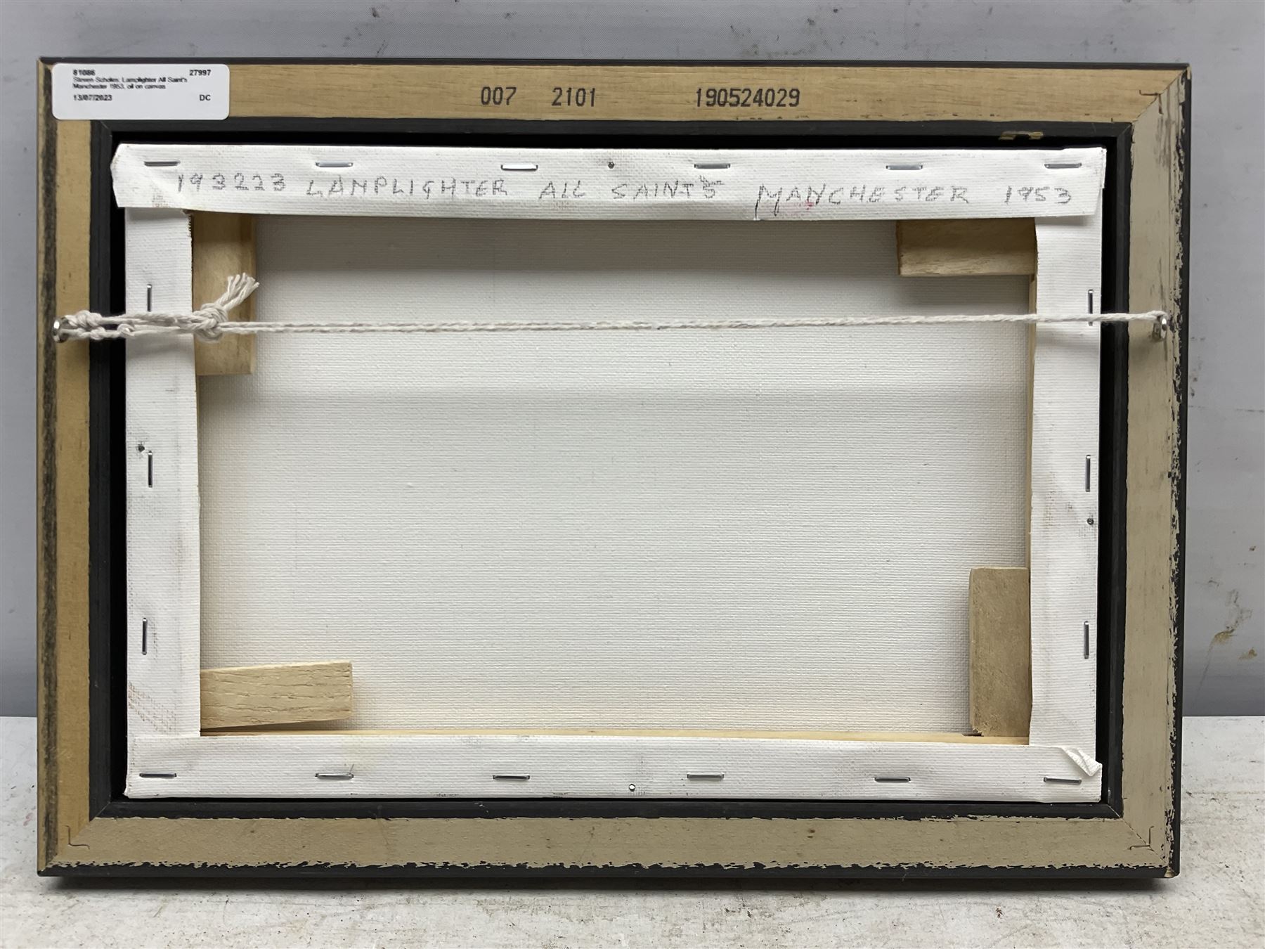 Steven Scholes (Northern British 1952-): 'Lamplighter at All Saint's -Manchester 1953', oil on canvas signed, titled verso 19cm x 29cm