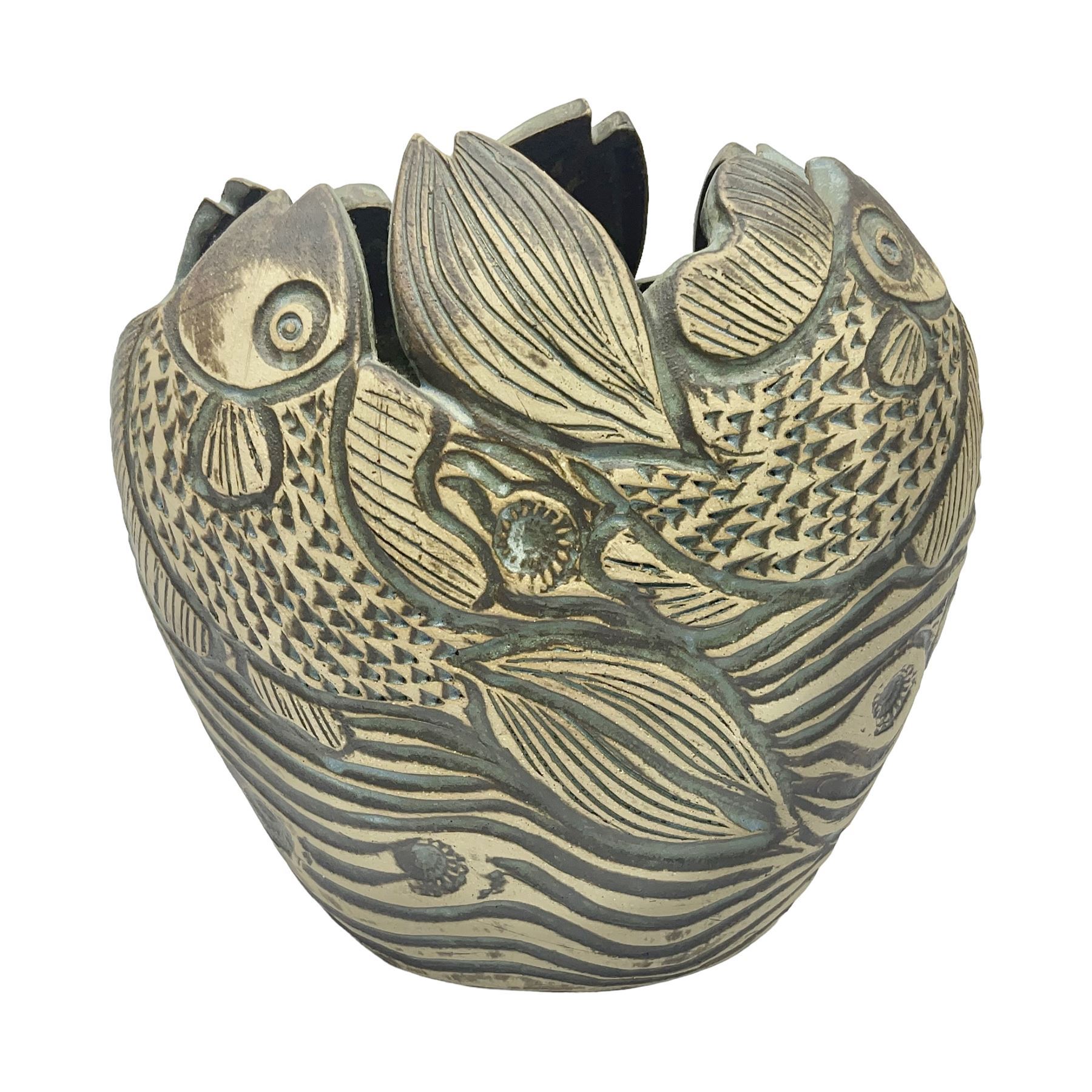 John Egerton (c1945-): studio pottery stoneware vase, decorated with fish and ammonites, H24cm