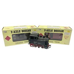LGB (Lehmann Gross Bahn) G scale, gauge 1 - 0-4-0 tank locomotive No.995001; unboxed; and two American Aristo Craft Trains 2-axle boxcars Santa Fe and Pennsylvania; both boxed (3)