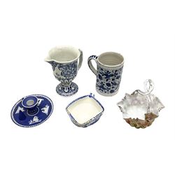 Wedgwood jasperware chamber candlestick, together with blue and white ceramic tankard, footed jug, art glass basket etc