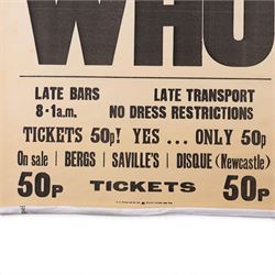 The WHO original concert poster - A Fillmore North Promotion Top Rank Suite, Sunderland, Friday 7th May, 1971, H76cm, W50cm

Provenance by vendor repute: poster was originally owned by James 'Happy' Hubbard, The WHO's chief lighting technician during the late 1960s to the early 1980s. He received three from the venue after the gig. 