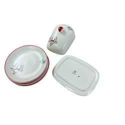 Crown Devon Stockholm pattern tea wares, comprising cake plate, butter dish and cover and six dessert plates 