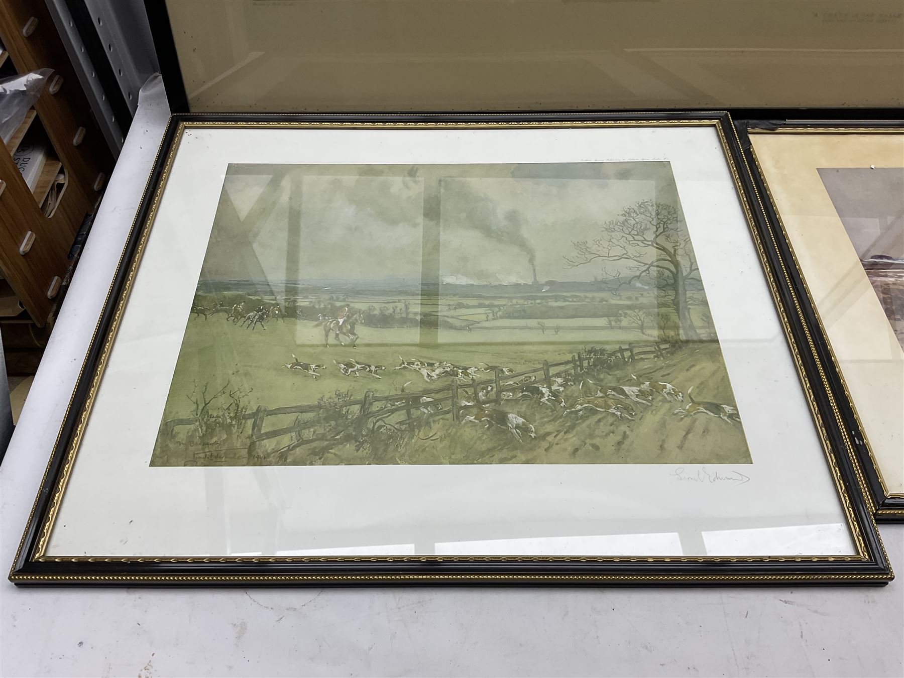 Lionel Edwards (British 1878-1966): pair of hunting prints signed in pencil; After Robert Hugh Buxton (1871-c1965): 'A Check in the Valley' and 'Over Hill and Dale', pair chromolithographs; Samuel Buck (British 1696-1779): 'The South View of Harlsey Castle near Northallerton Yorkshire', engraving; together with two further hunting prints and a Peter Scott print (8)