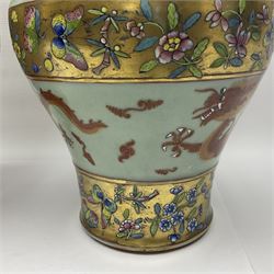 Pair of early 20th century Chinese vases decorated with dragons chasing a flaming pearl, with a gilt border of butterflies and floral sprigs, with Elephant head handles, H44cm 