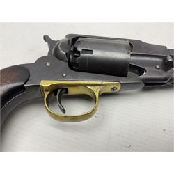 Unmarked Spencer & Rogers type Remington style .44 cal. six-shot percussion revolver, 20cm octagonal barrel with loading lever under, brass trigger guard and two-piece wooden grip L37cm overall; together with a framed watercolour by Alan J. Gray dated 2009 entitled 'The Remington .44 Calibre 1861 Navy Revolver'  19 x 42cm (2)