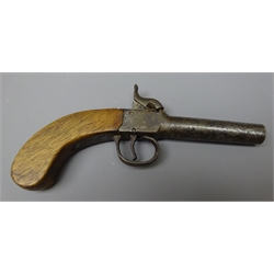  19th century percussion cap Pocket pistol, 7cm turn-off circular steel barrel, shaped walnut grip, stamped, L18cm  