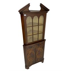 Georgian design inlaid mahogany corner cabinet, broken dentil pediment over single glazed door enclosing two shelves, base fitted with two doors with faux drawer facias