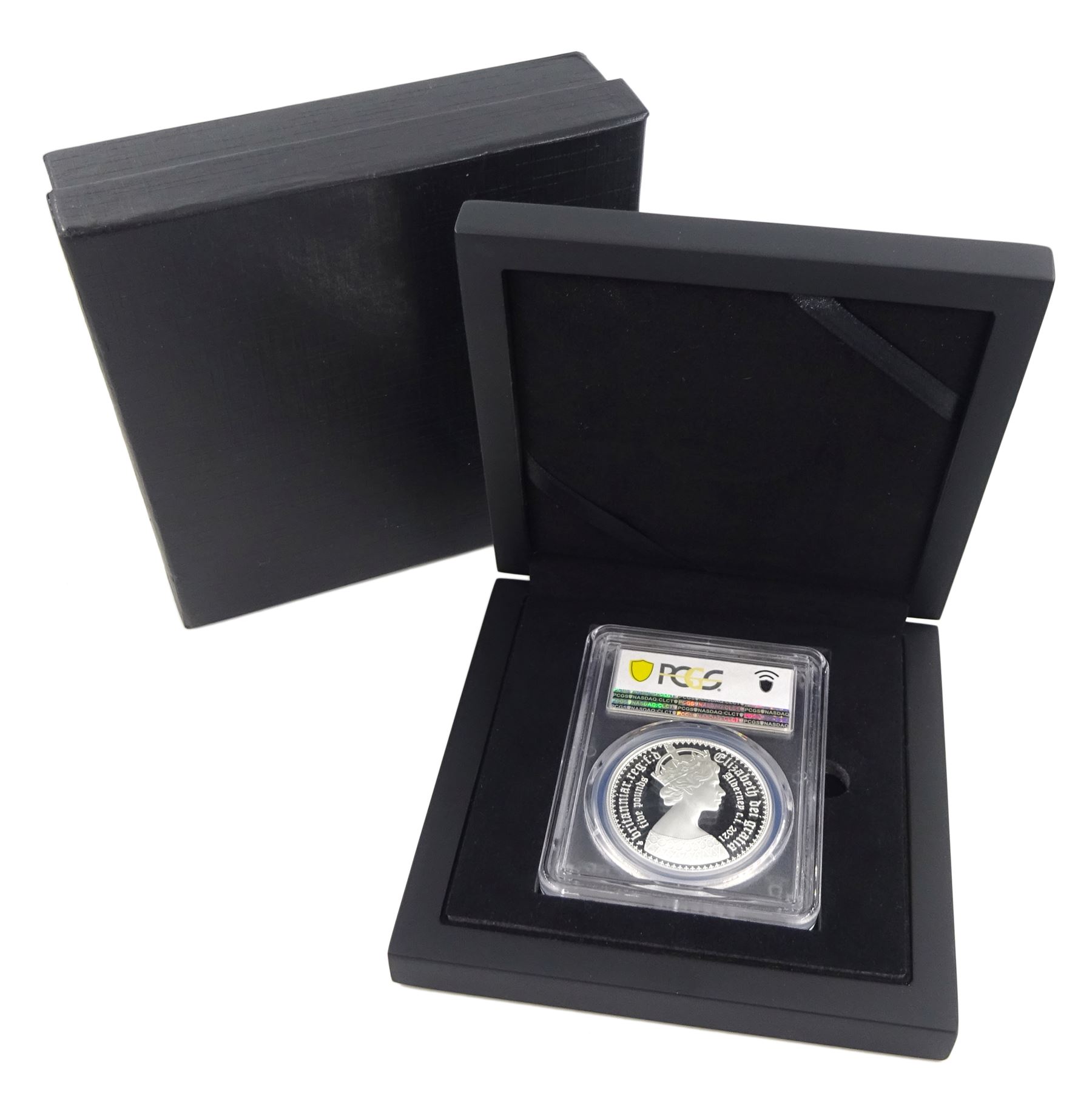 Queen Elizabeth II Alderney 2021 silver proof 'New Gothic Crown' five pound coin, in PCGS capsule