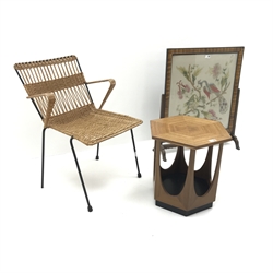  Mid 20th century metal and cane work armchair (W52cm) a mid 20th century teak hexagonal table and a cross banded fire screen (3)  
