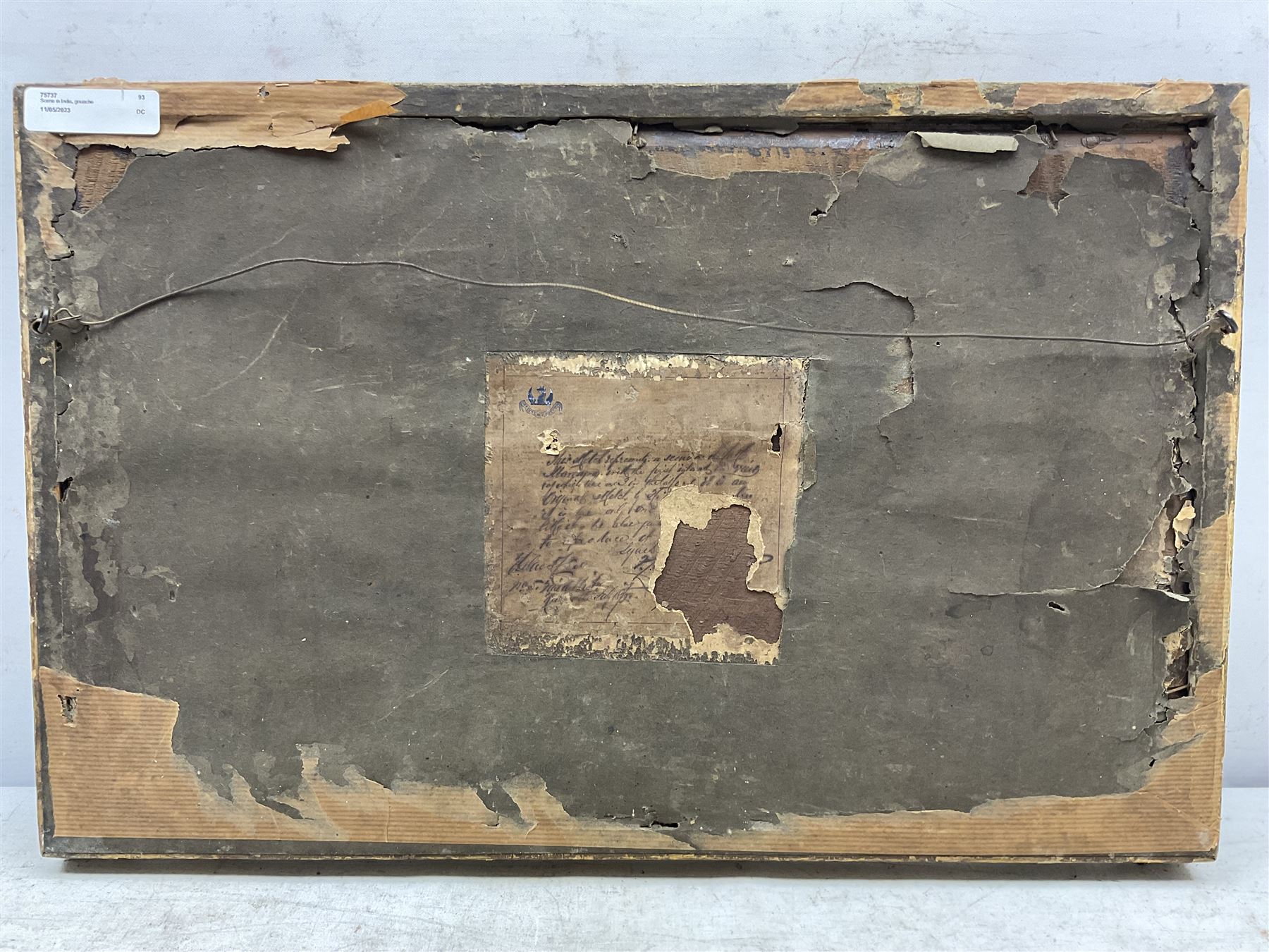 English Colonial School (Late 19th century): Figures on the Lakeside - India, oil on board unsigned 16cm x 31cm 
Notes: inscribed on a partial label verso - 'This sketch represents a scene in Thelatfe, Marrajra / Manajra with the first island in view of which there are 3 in thelatfe(?). It is an original sketch by H ... it is the only one ... like it, he also ... to reproduce it ... Syaid, Italy 1872.'