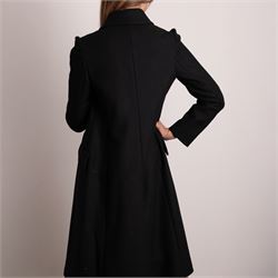 Prada - black Melton wool coat, in a redingote style with front fastening and fabric-covered buttons, flap pockets and a structured collar with slit to the back, size 44, unused with the original garment bag and hanger