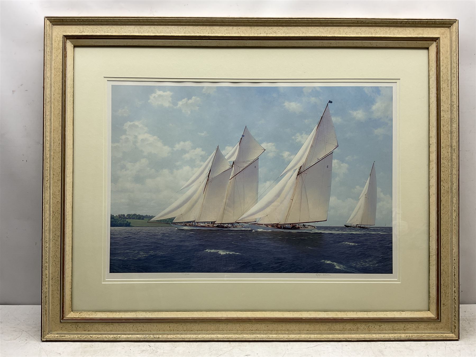 Roger Davies (British 1945-): Racing Yachts - 'Lulworth Westward and Shamrock V', limited edition print signed and numbered 17/850 in pencil 50cm x 75cm