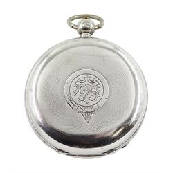 19th century silver open face key wound pocket watch by Waltham Mass, No. 845724, retailed by J.G. Graves, white enamel dial with Roman numerals and subsidiary seconds dial, engine turned case with engraved initials in cartouche, Birmingham 1899