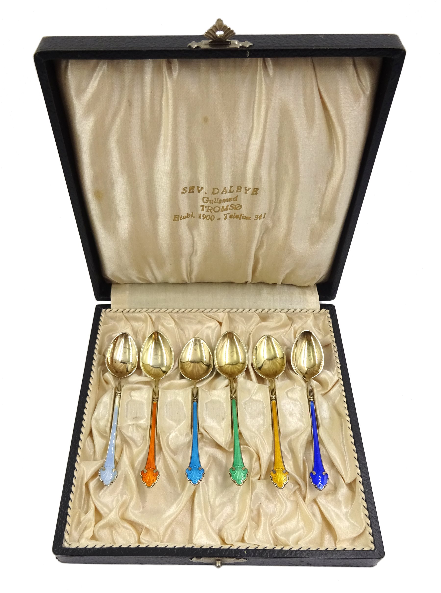 Set of six early 20th century Norwegian silver and guilloche enamel coffee spoons by Nils Erik Elvik, retailed by Sev .Dalbye, Tromso, cased