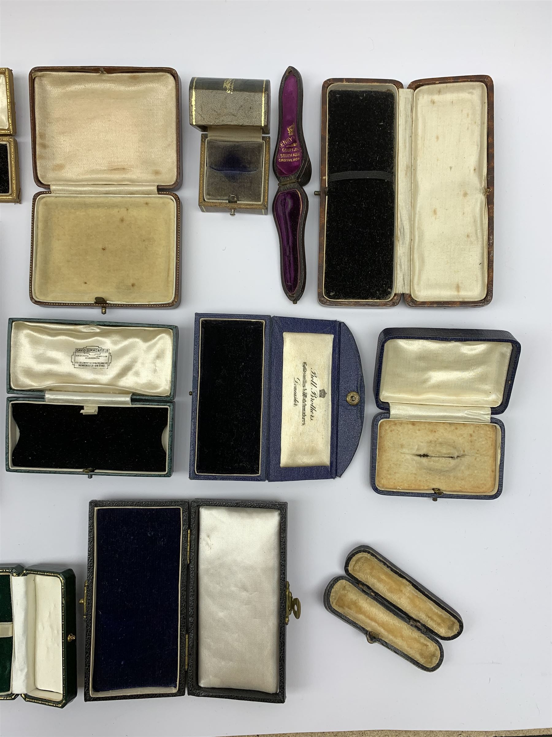 A collection of 19th/ early 20th century jewellery boxes to include Bell Brothers, J. W. Benson, W.W. Goldstraw, Anderson, Richard Smith & Sons, Mason & Son etc 