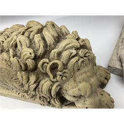 Two early 20th century reconstituted stone Grand Tour or Chatsworth House type lions after Antonio Canova, each modelled in recumbent pose upon a rectangular plinth, signed to plinth Dilettanti, each approximately L31cm