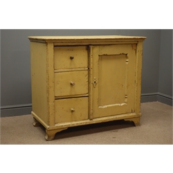  Early 19th century pine side cabinet, three drawers and panelled cupboard, enclosing two shelves, bracket supports, painted finish, W102cm, H89cm, D52cm  