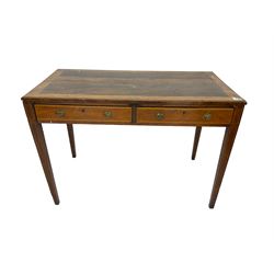 19th century mahogany console table, rectangular top with rosewood finish and satinwood stringing, fitted with two drawers, raised on square tapering supports