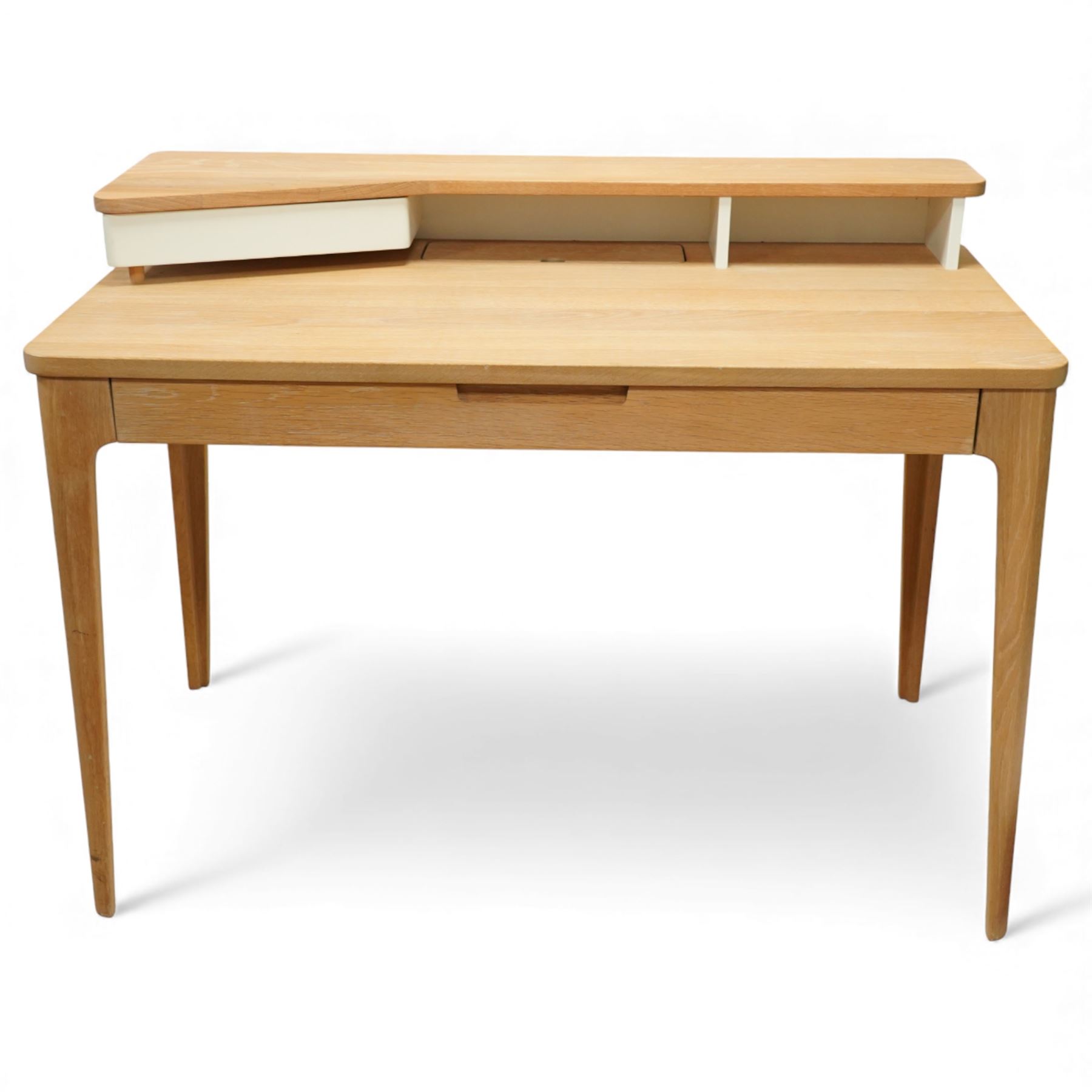 Ebbe Gehl for John Lewis - ‘Mira’ oak desk, rectangular top with raised twin-shelf gallery in contrasting cream finish,  single central drawer with recessed pull, on tapered supports