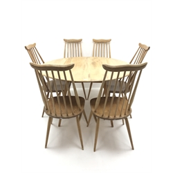 ercol light elm and beech oval drop leaf dining table (114cm x 124cm, H72cm), and set six ercol 'Windsor' high back dining chairs