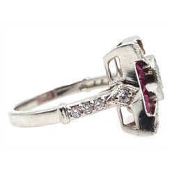 Platinum (tested) ruby and diamond square shaped ring, central round diamond approx 0.7 carat  