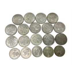 Pre 1947 Great British silver coins, comprising fourteen halfcrowns and five two shillings