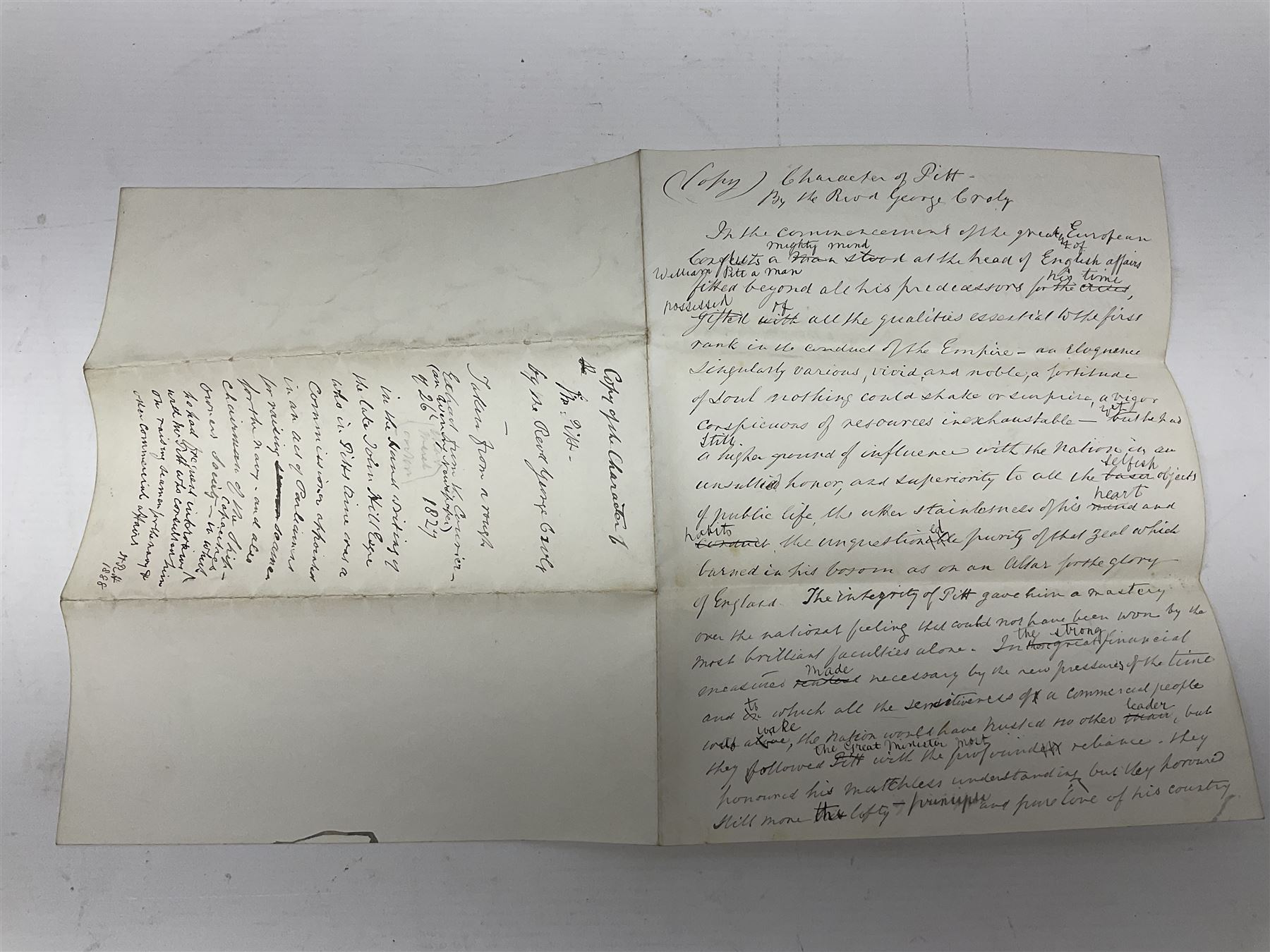 George IV Coronation ephemera, comprising a hand written description of the Coronation Procession as experienced by J.Rivington Hill, sent to his sister Miss Hannah Maria Hill, dated 26th July 1821, a hand drawn map of the Coronation route, probably by the same hand and newspaper cuttings from 1937, relating to the Coronation of George VI, together with a three hand written extracts of William Pitts speech in support of William Wilberforce on the abolition of slavery in 1792, taken from two books, including Life of the Right Honourable William Pitt, by Philip Henry Stanhope and a printed copy of the 'Memoir of the Late Henry Park Esq Surgeon of Liverpool'