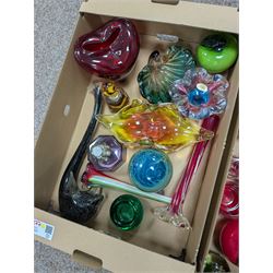 Collection of Art glass, including Langham Frog, apple and corn models, Murano style swan and vases, etc, in three boxes