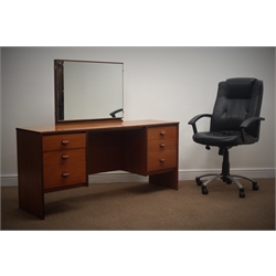  Stag dressing table, raised mirror back, six drawers, solid end supports (W151cm, H127cm, D47cm) and swivel chair  
