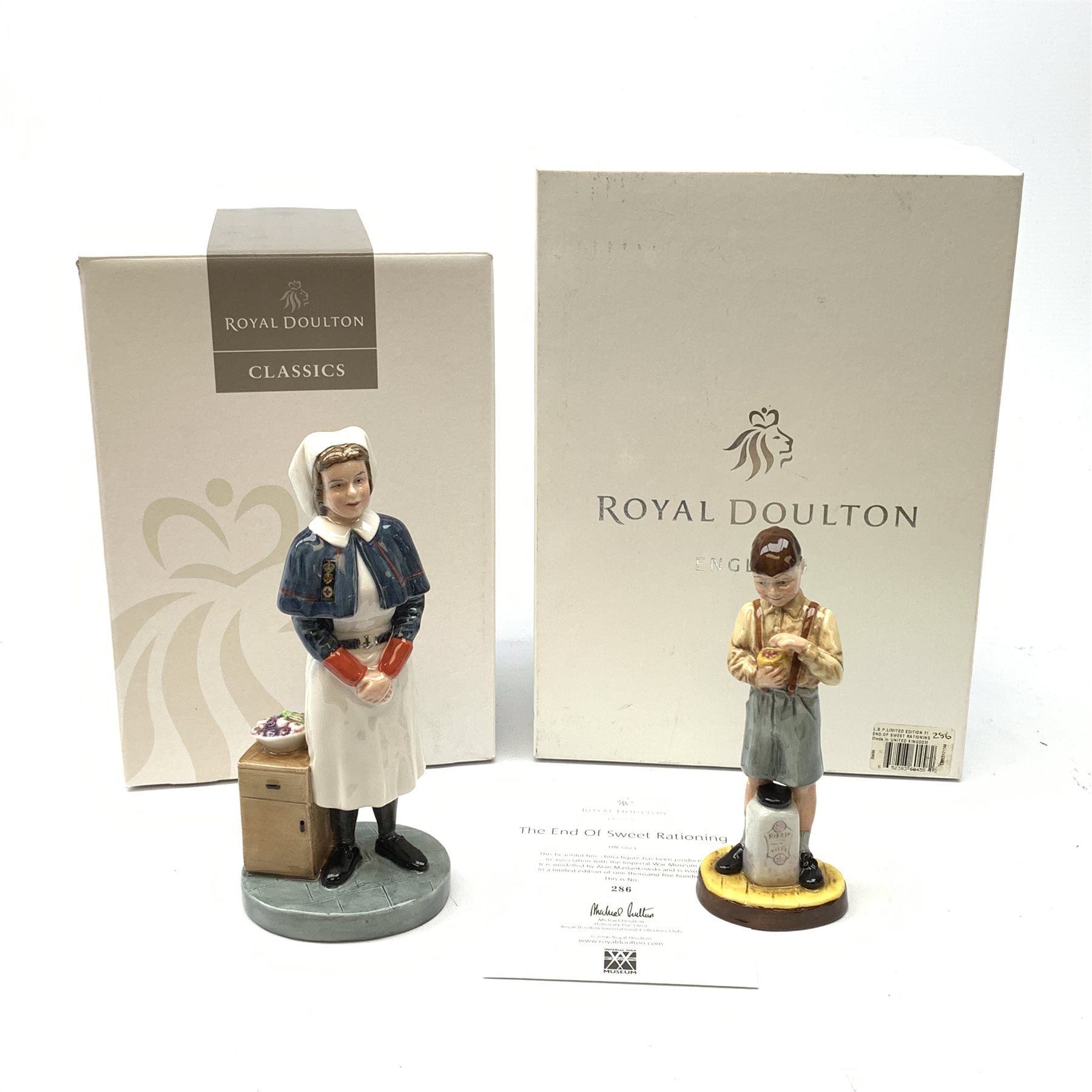 A limited edition Royal Doulton figurine, Queen Alexandra Nurse HN4596, 206/2500, with box and certificate, together with another limited edition Royal Doulton figurine, The End of Sweet Rationing, HN5023, 286/1500, with box and certificate. 