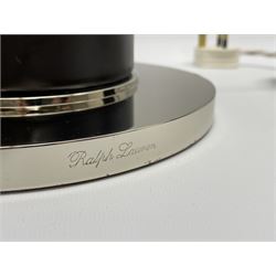 Ralph Lauren - pair 'Beckford' table lamps, cylindrical form in chocolate brown leather, polished metal base, with shades