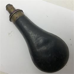 19th century James Dixon & Sons Sheffield leather covered powder flask to dispense 2 1/4 - 3 drams L19cm; French adjustable powder nozzle to dispense 50 - 70 grains; and quantity of cartridge wads