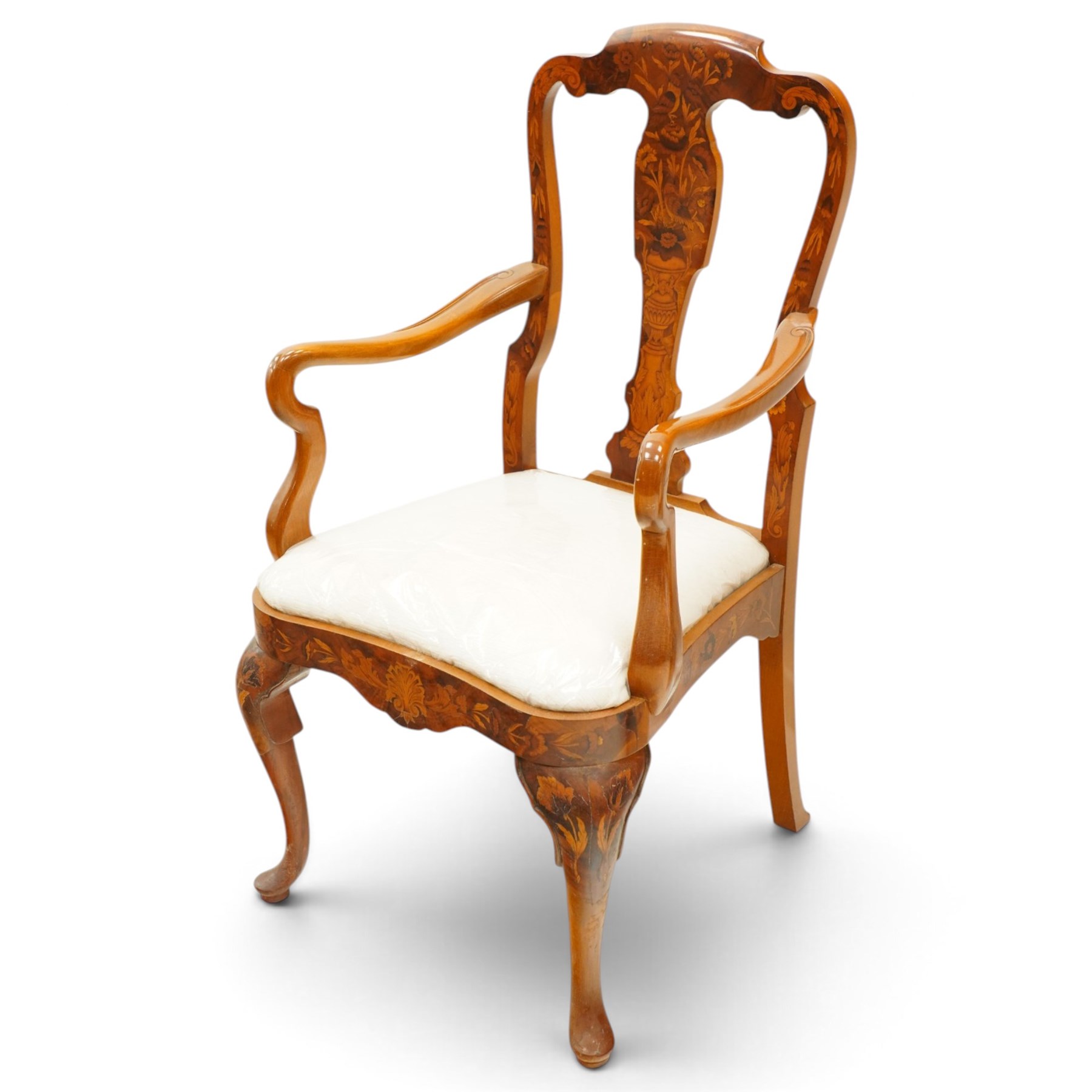 Set of eight (6+2) Dutch design walnut and floral marquetry dining chairs, the high backs with shaped cresting rail over a vasiform splat inlaid with Neoclassical urns and bouquets of foliage and bellflowers, ivory upholstered drop-in seat over scallop shell inlaid apron and cabriole supports with pad feet