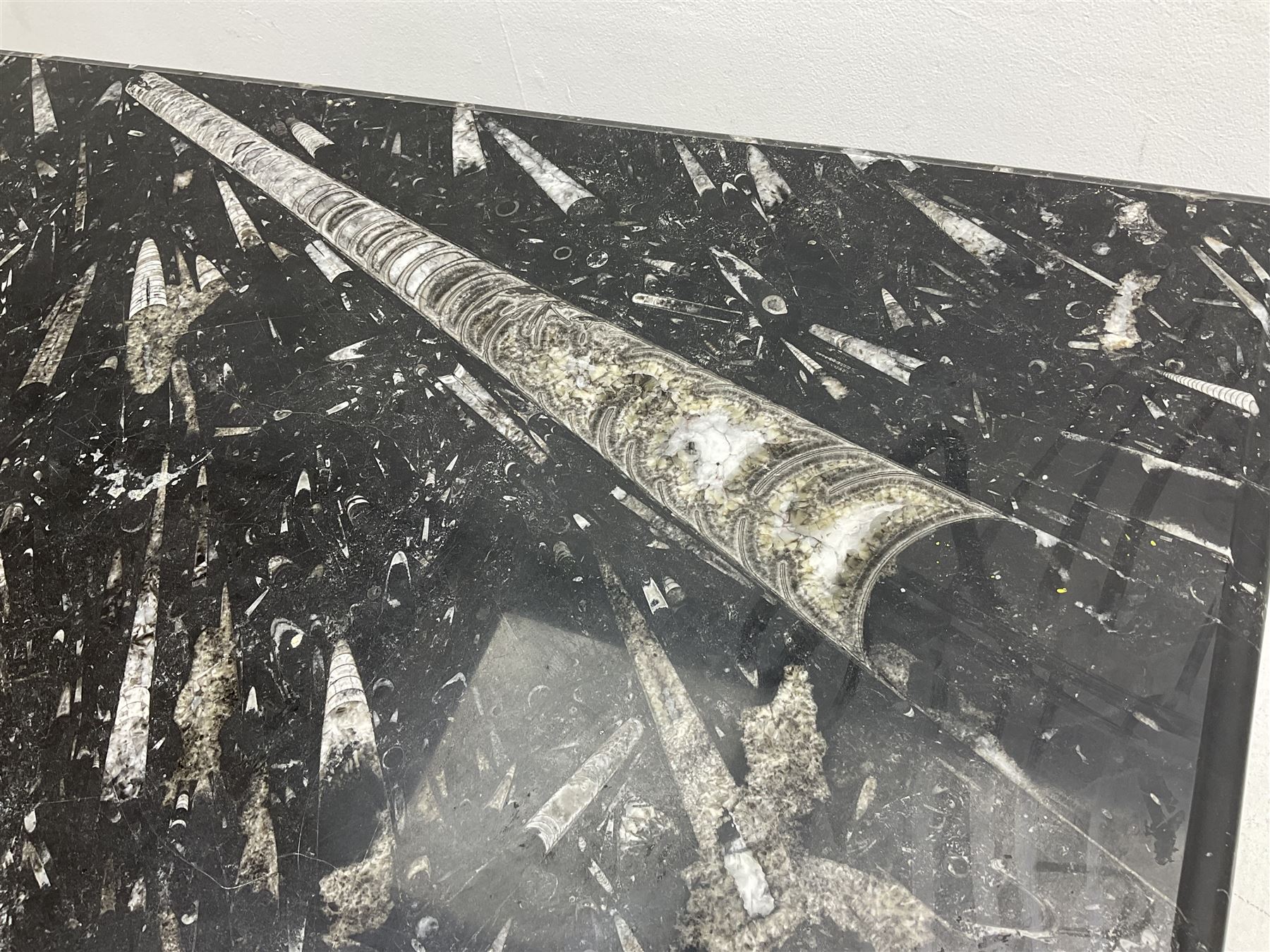 Marble hall table with orthoceras and goniatite inclusions, the rectangular top upon two rectangular stepped plinths, H75cm, L135cm, D78cm 