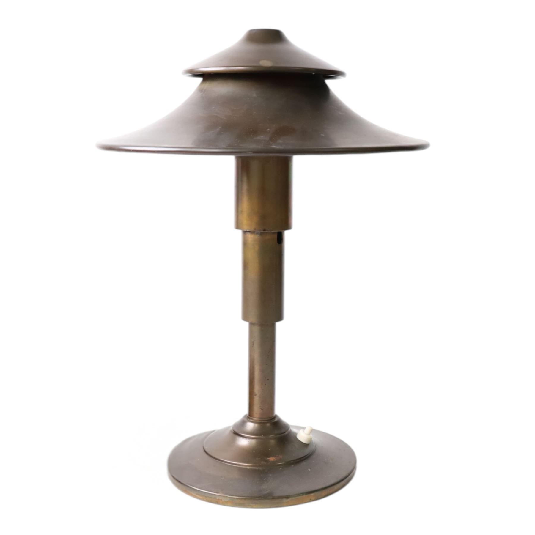 Art Deco Pagoda lamp, by Leroy Doane for Miller Lamp Company, circa 1930, with double canopy shade, marked Miller Lamp Company beneath, H40cm