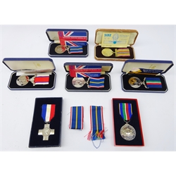  Collection of seven modern medals including hallmarked silver 'Maritime Service Medal', hallmarked silver 'For General Service', 'For Merchant Naval Service', 'In The Line of Duty', two 'National Service 1939-1960' medals and 'Suez Canal, To Mark Service In The Canal Zone', most in cases  