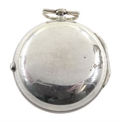 18th century silver pair cased verge fusee pocket watch by Alexander Hare (London ca.1781-1824), No. 200, square baluster pillars, pierced and engraved balance cock, white enamel dial with Roman hours and outer Arabic minute ring, beetle and poker hands, case makers mark G H, London 1770, with a fabric watchpaper embroidered with map of Europe