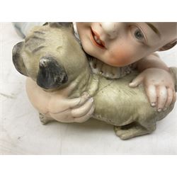 Royal Dux porcelain figure of shepherd boy and his dog with impressed number 2261, with applied pink triangular mark beneath, together with a piano baby holding a pug, shepherd H25cm