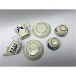 Late 18th century Liverpool Seth Pennington cream jug, H8.5cm, together with another late 18th century example, possibly also Liverpool Seth Pennington, and a pair of late 18th century Liverpool Seth Pennington tea bowls and saucers, saucer D12.5cm, tea bowl D8.5cm, (6)