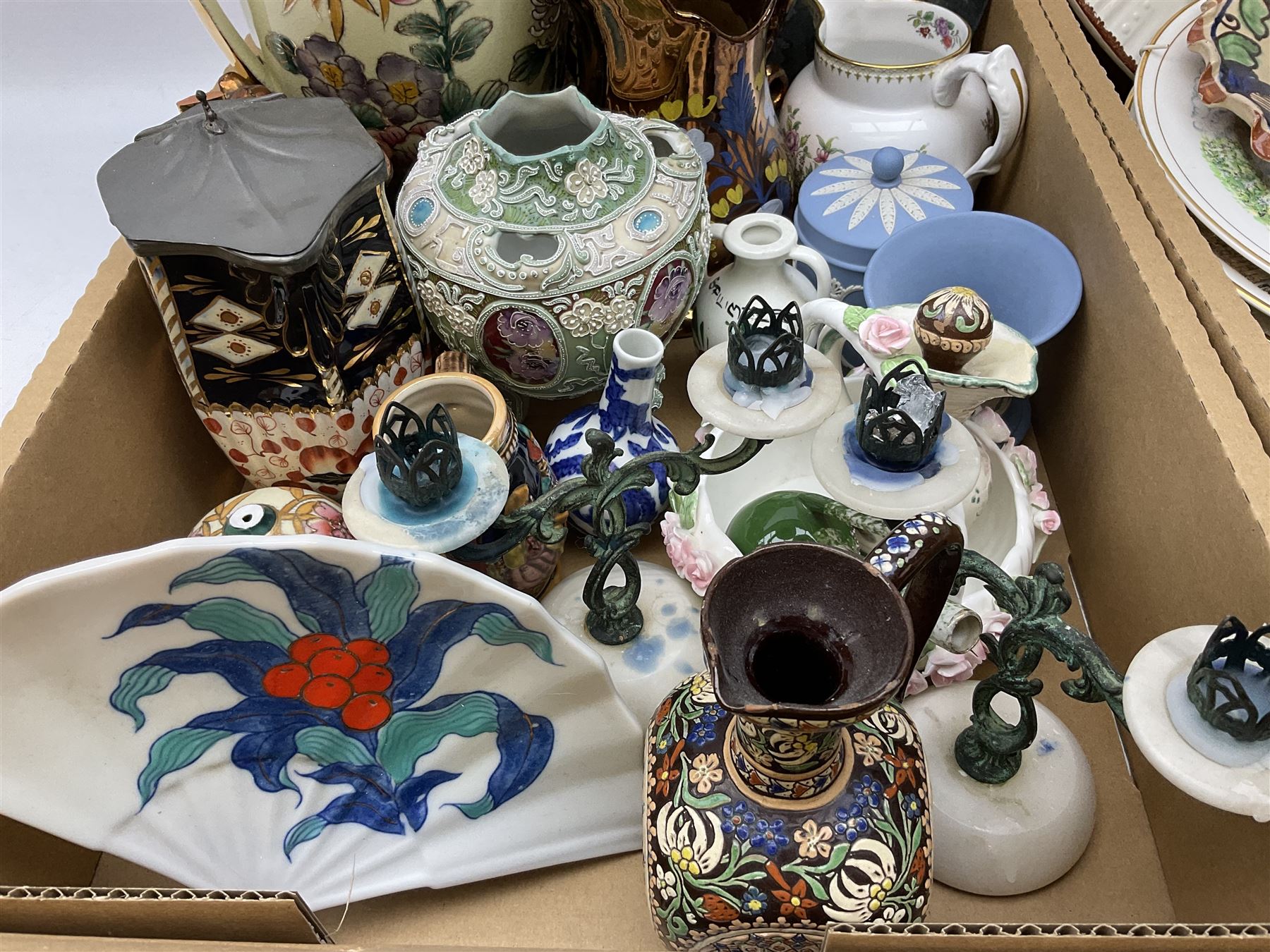 Wedgwood Jasperware lidded cylindrical jar and tulip vase, Spode Copeland's jug, two luster jugs, and other decorative ceramics and collectables, in two boxes 