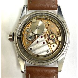 Stainless steel manual wind wristwatch, with Tudor dial and Rolex Precision case, on brown leather strap and a stainless steel square faced manual wind  wristwatch with Tudor dial, on black leather strap