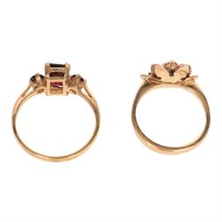 Gold coral and pearl ring and a gold three stone garnet ring, both hallmarked 9ct