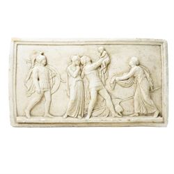 After the Antique - Relief moulded plaster plaque of Roman figures, one holding a child al...