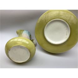 Wash jug and bowl with merging pink, green and blue decoration, bowl D40cm