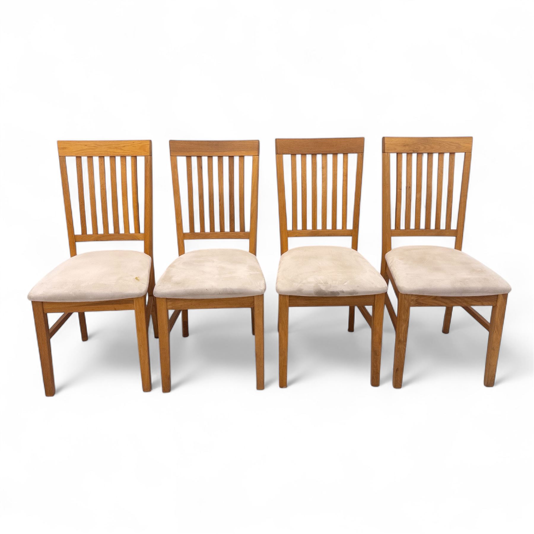 Contemporary solid oak rectangular dining table, with two additional extension leaves, together with eight matching high back dining chairs upholstered in cream suede-effect fabric (9) (Chair H 95cm, W 41cm, D 53cm) (Extends to 270cm)