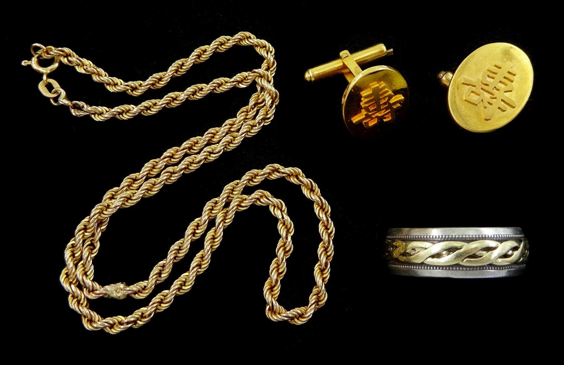 Pair of 21ct gold Chinese character mark cufflinks, 9ct gold rope twist necklace and a silver and 9ct gold Celtic design ring, hallmarked