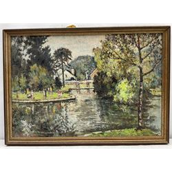 Harold Lawson Riding RCA (British 1886-1981): 'Spring Time in the Gardens', oil on board signed, titled verso 44cm x 63cm